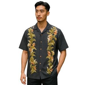 Tommy Bahama Gray Silk Short Sleeve Collared Button Up Shirt Mens Size Large L